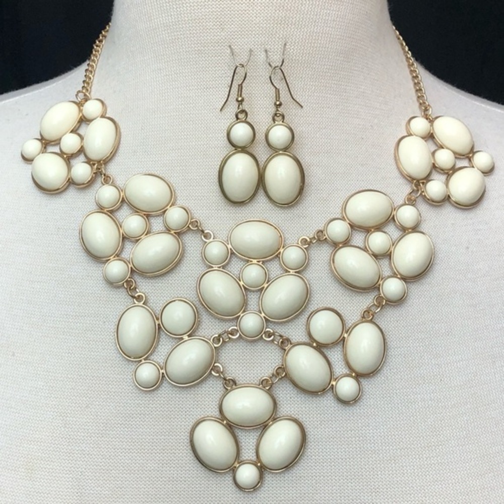 Large Ivory Oval Cluster Bib Necklace Earring Set